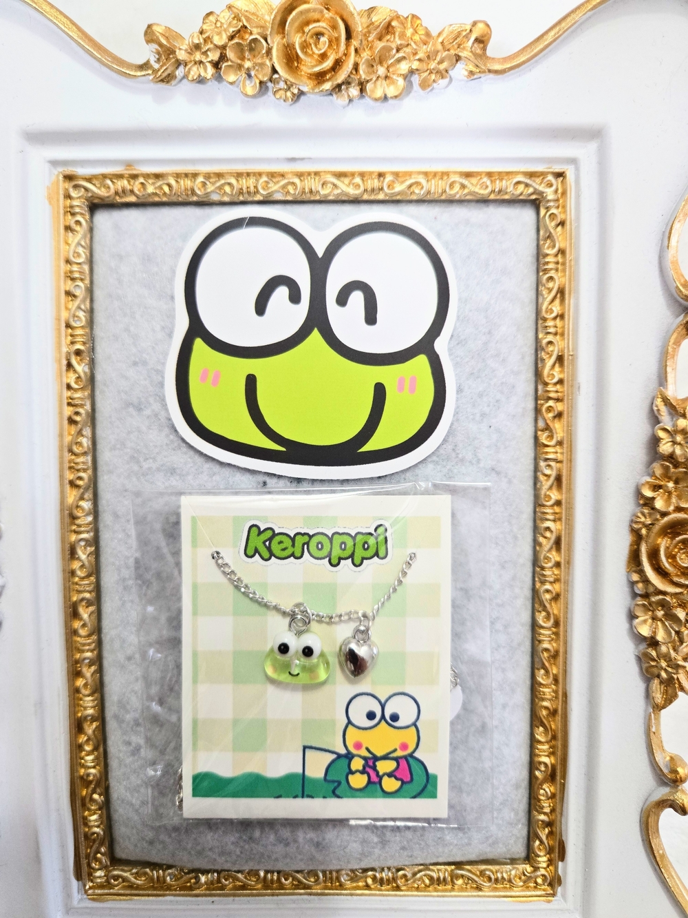 Keroppi Frog Sticker & Pendant Necklace Set with Heart Charm